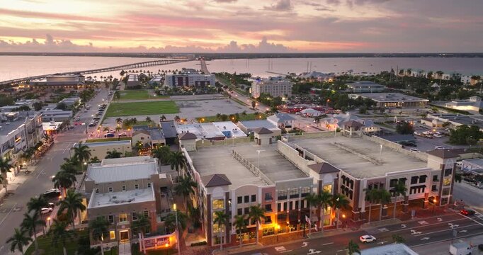 Historic architecture and quiet streets of Punta Gorda, Florida in evening time. Scenic small town charm and traditional American Southern design.