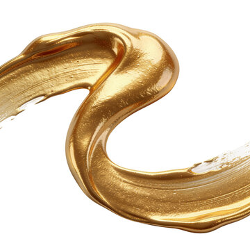 Abstract golden metallic paint swirl flowing on a pure white isolated background