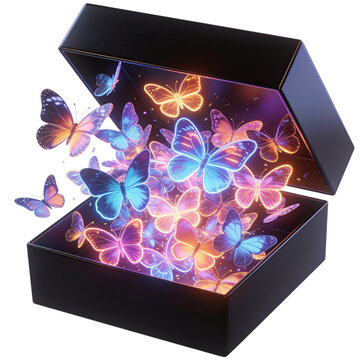 Black gift box releasing glowing neon butterflies in magical surreal composition
