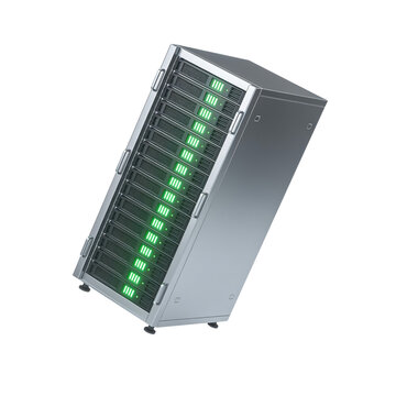 Modern enterprise server rack unit with glowing green status lights
