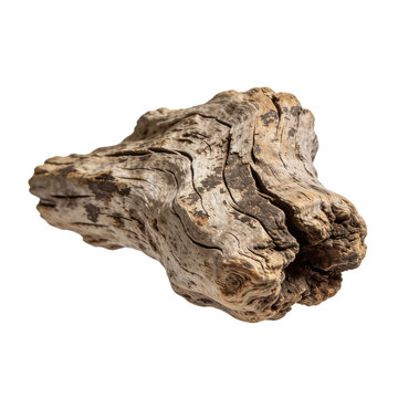Weathered driftwood piece with organic texture isolated on a clean white background