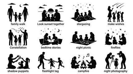 Set of family activities and night time leisure icons in black silhouette style © Shahriar