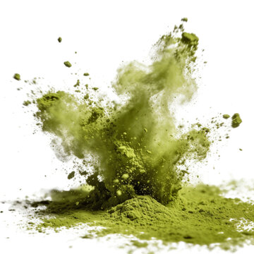 Vibrant matcha green tea powder explosion isolated on a clean white background