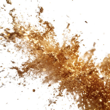 Dynamic golden glitter explosion bursting on a clean white background