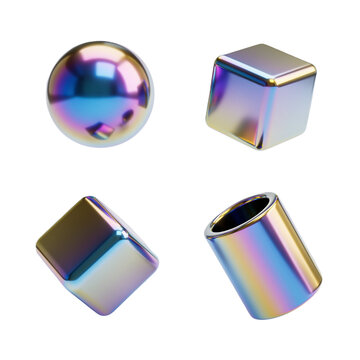 Iridescent metallic geometric shapes set floating on white background for design