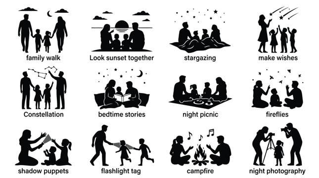 Set of family activities and night time leisure icons in black silhouette style