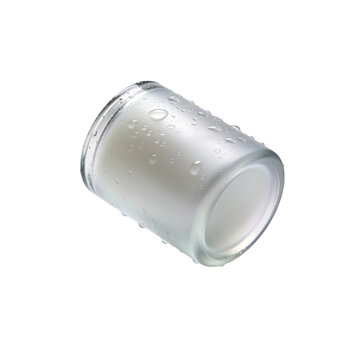 Frosted glass candle holder with water droplets isolated on a clean white background
