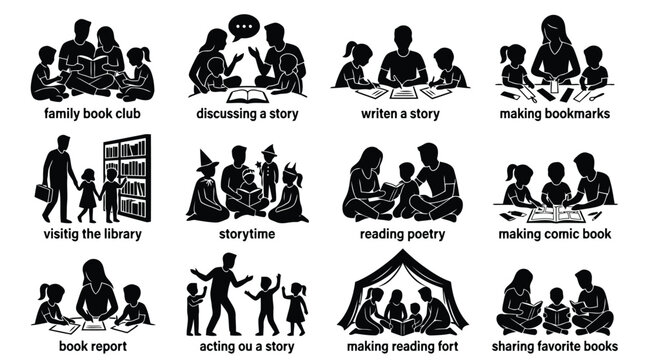 Set of black silhouette icons showing family activities reading books and storytelling at home