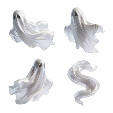 Set of four floating white ghosts with silky texture on isolated white background
