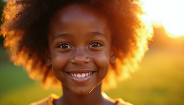 Young Black girl smiles warmly in golden hour sun. Her curly hair glows in backlight. She has happy dimples and bright eyes, radiating pure childhood joy. This portrait is full of light.