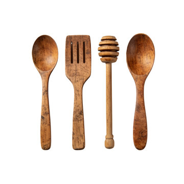 Rustic wooden kitchen utensils set arranged in a row on a clean white background