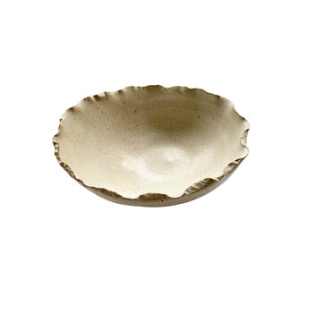 Handcrafted ceramic bowl with organic ruffled edge on a clean white background