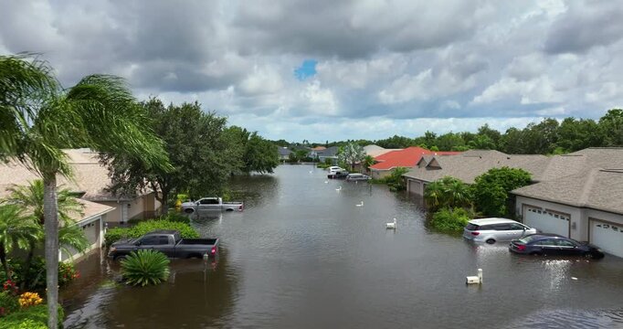 Hurricane Debby flooded homes and cars in Laurel Meadows community in Sarasota, Florida. Aftermath of natural disaster