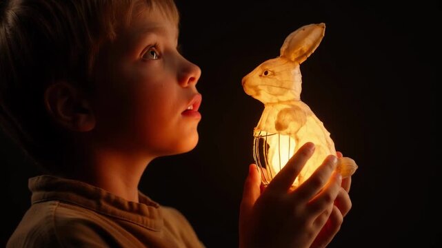 Curious child holding glowing paper rabbit lantern in dark cinematic motion footage for magical projects