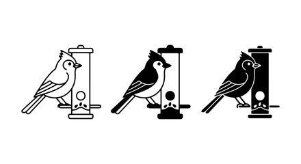 Bird Feeder Icons: Cardinal, Titmouse, and Jay in Black and White, Vector Graphics for Nature and Wildlife Themes © Jahid