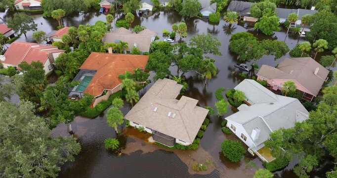 Hurricane flooded homes in residential community in Florida, USA. Aftermath of natural disaster.