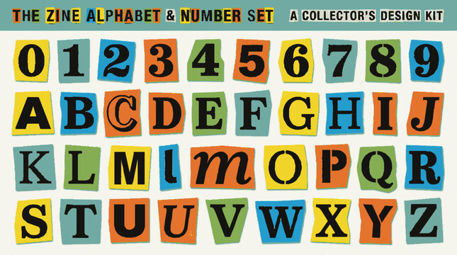 Vintage zine style cutout alphabet and number set for creative design projects