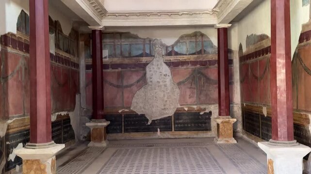 Roman Frescoes on Walls in Pompeii Villa with Ancient Painted Interior Art