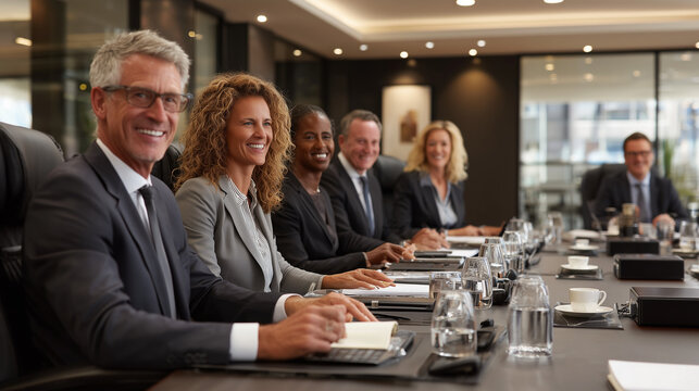  Global corporate team collaborating in high-end boardroom.
