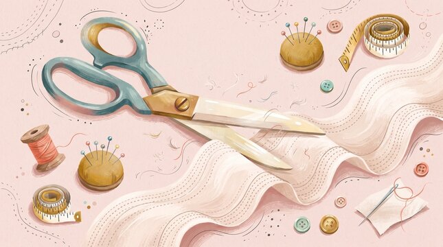 Tailoring fabric scissors cutting cotton material ribbon with sewing supplies on pink background  