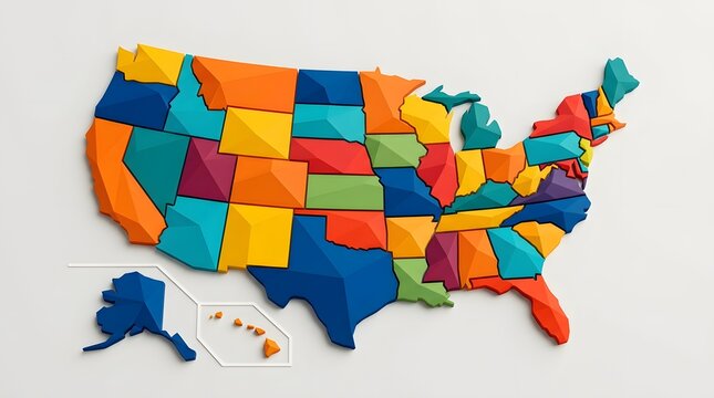 A vibrant three dimensional map of the United States featuring colorful geometric low poly states with sharp angles and clean edges rendered in a modern flat artistic digital illustration style.