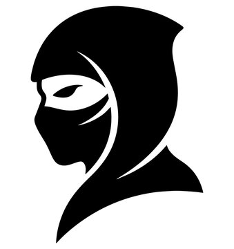 Black and white ninja head silhouette isolated icon for graphic design with silhouette assassin japanese
