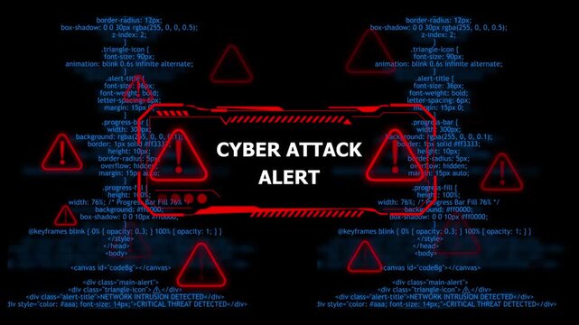 cyber attack alert network alert warning. urgent threat notification concept with glowing red hazard Cybersecurity defense and secure digital systems protection against cyberattacks. 4k video 