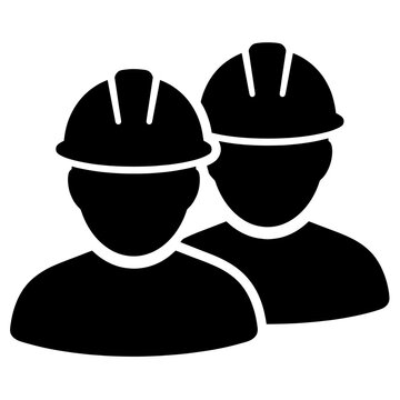 Black silhouette icon of two construction workers wearing hard hats with construction builders personnel