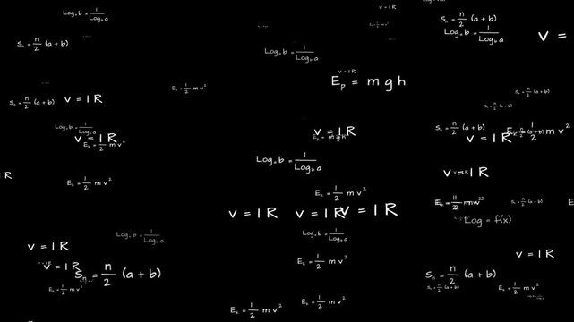 Math equations overlay animation falling randomly from top to bottom on black background. 4K animated formula overlay for math background, education, creative thinking, science, and motion graphics.