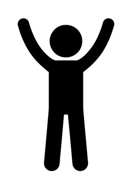 Simple black stick figure icon standing with arms raised up in celebration or victory, celebration