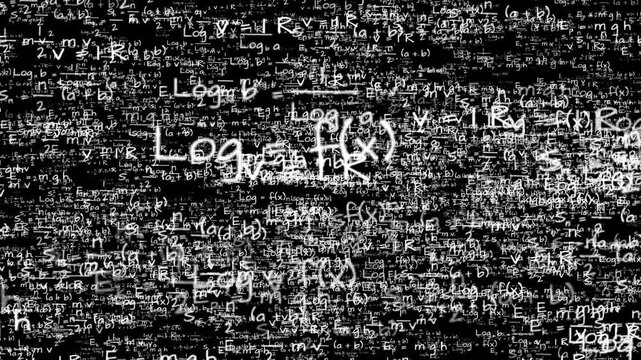 Math equations overlay animation floating slowly with depth and fade effect on black background. 4K animated formula overlay for math background, education, research, science, and motion graphics.