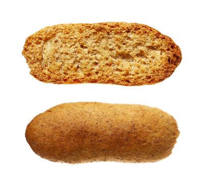 set crusty bread flying, wholemeal grains, wholemeal flour with broad-leaf bran isolated on white background, clipping path