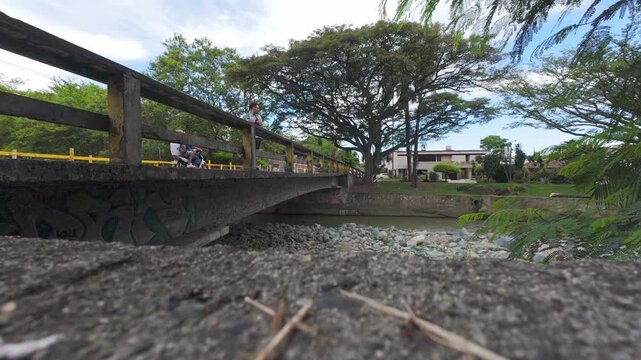 Pedestrian on Concrete Bridge Over Rocky River With Large Tree.