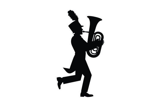 Black silhouette vector graphic of a marching band member playing a large brass tuba instrument wearing a tall feathered shako hat uniform while walking forward for musical parade performance theme