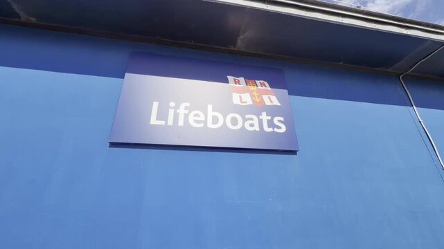 Blue marine rescue lifeboats sign panning