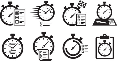 Fototapeta premium Stopwatch icons, timer symbols, clock illustrations, time management graphics, vector set isolated on Transparent Background