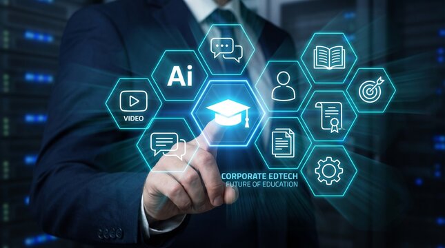 Businessman interacting with futuristic education icons in corporate setting