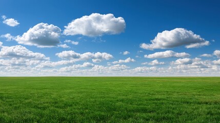 Obraz premium Stunning photo of Expansive green grass field under a vast blue sky with fluffy white clouds on a sunny day.