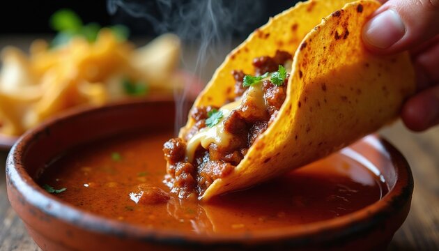 Hand dips crispy birria taco filled with meat and cheese into rich spiced broth. Steaming consomme soup served in clay bowl on rustic wooden table. Delicious Mexican cuisine.