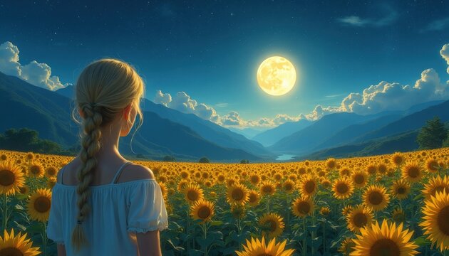 Girl in sunflower field looks at full moon at night. Starry sky over mountains and lake. Peaceful rural landscape with yellow flowers. Dreamy fantasy scene.
