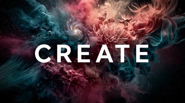 Paint stroke exploding into galaxies, flowers, butterflies, and abstract shapes, vibrant cinematic composition, giant centered typography reading &ldquo;CREATE&rdquo;, colorful and dynamic artistic scene.