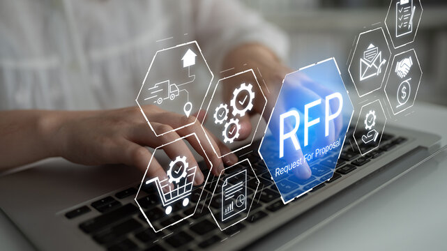 Digital Concept of Request for Proposal Process with Hands Typing on Laptop and Graphic Icons Representing Business Ideas and Strategies. Bitwise.