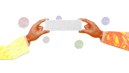 PNG Hands holding blank sign with colorful abstract elements, transparent background