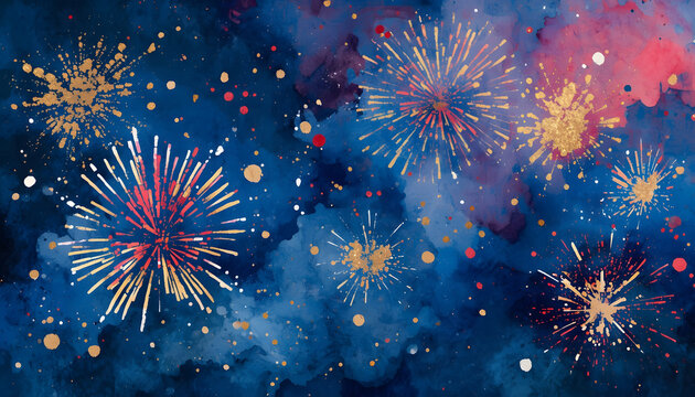 fireworks watercolor background with golden sparks and deep night sky texture