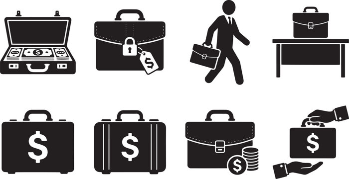 Business finance icons, briefcase symbols, money, office supplies, black vector graphics isolated on Transparent Background