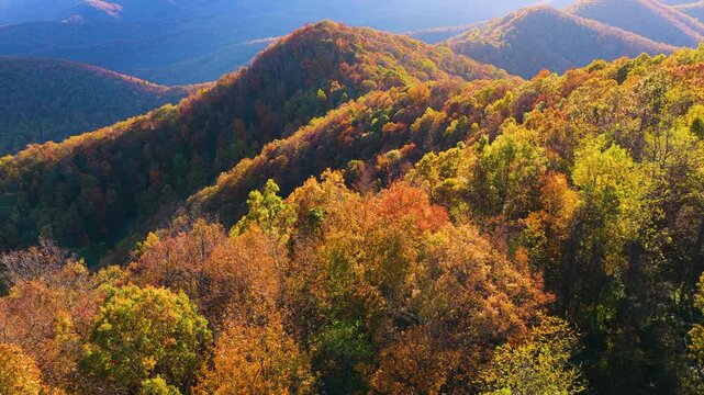 Scenic fall evening landscape of wooded Appalachian mountains. Colorful forest stretches across autumn mountain terrain.