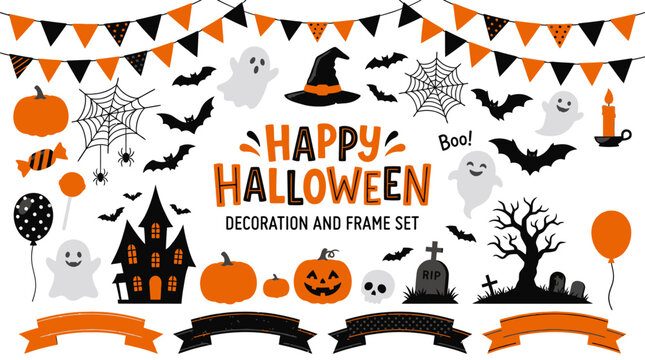 Halloween Happy Halloween decoration and frame set with bunting pumpkins ghosts and spiders for festive holiday party event planning