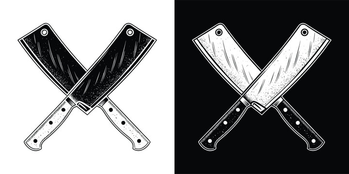 Two crossed sharp meat cleavers in a vintage etched style