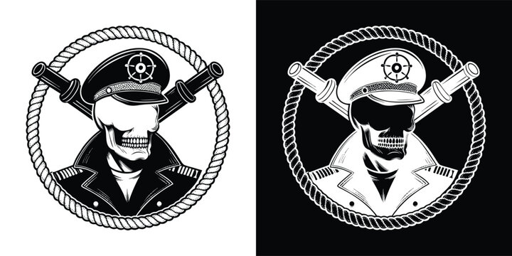 Nautical skull character wearing a captains hat with crossed swords