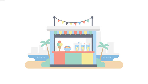 Beachside concession stand with refreshing drinks and ice cream cones under colorful bunting flags along a sunny tropical coast with palms.